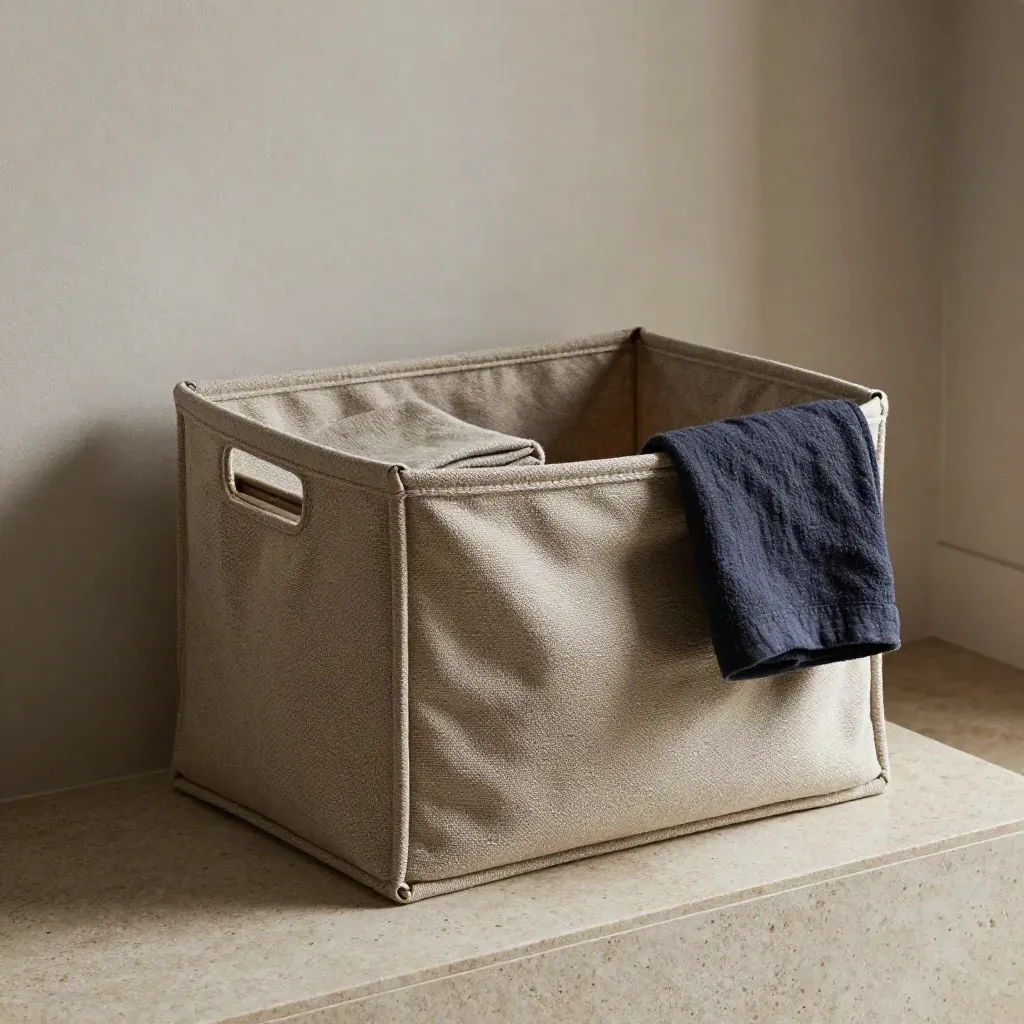 Fold-flat canvas storage basket leaning beside folded towels on travertine, dark dramatic studio light.