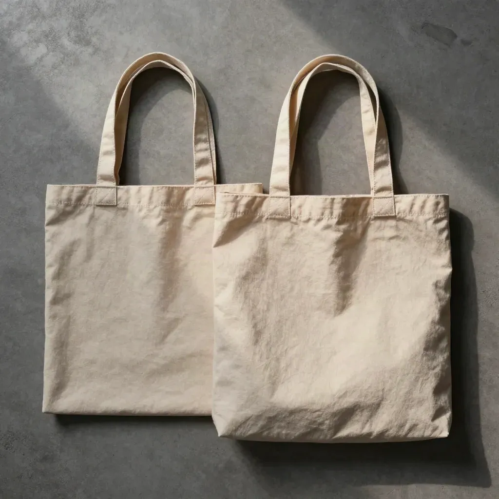 Two canvas tote bags flatlayed on graphite concrete, one folded, one open.