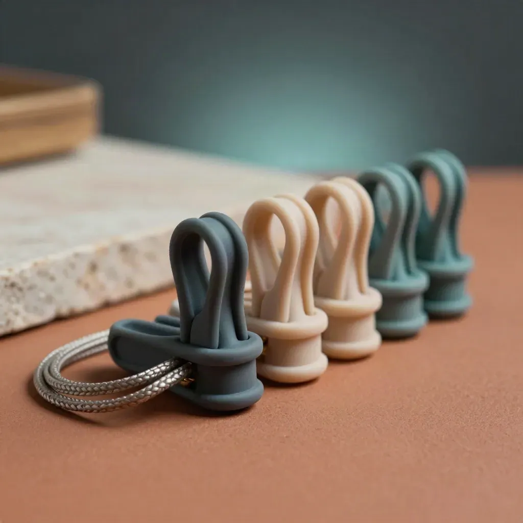 Matte cable clips holding a braided cord loop on a terracotta plinth, softly lit.