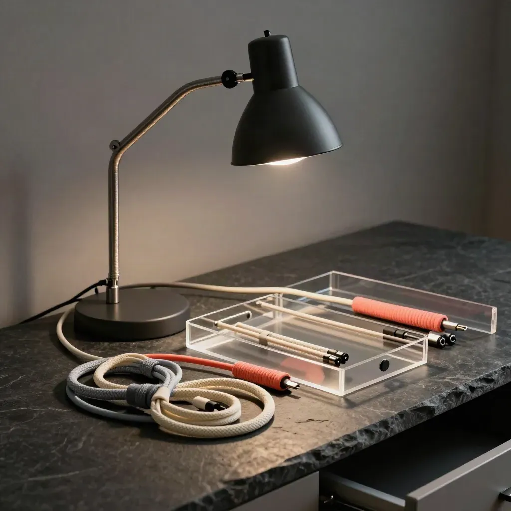 Clip lamp, braided cables and drawer organizers on dark stone, with a coral accent.