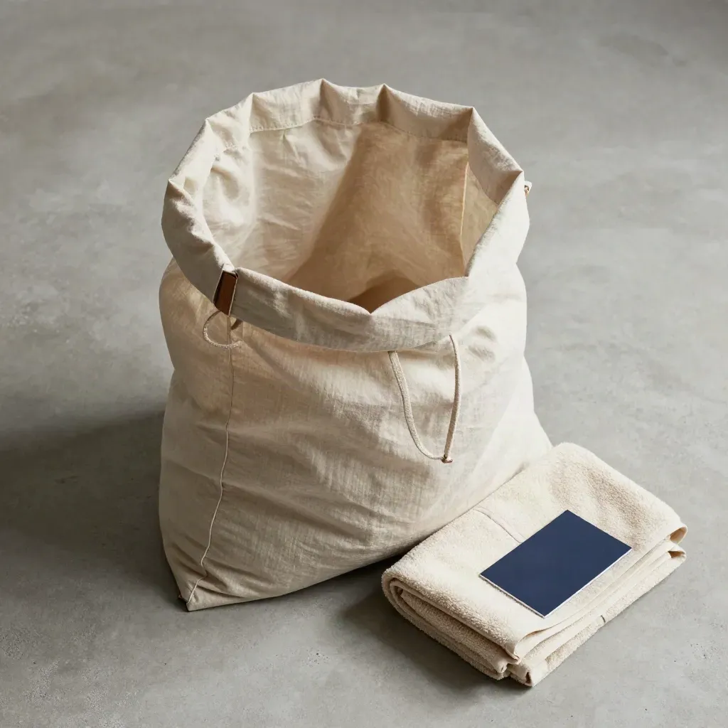 Overhead flatlay of three neutral cotton laundry bags with a folded towel on stone.