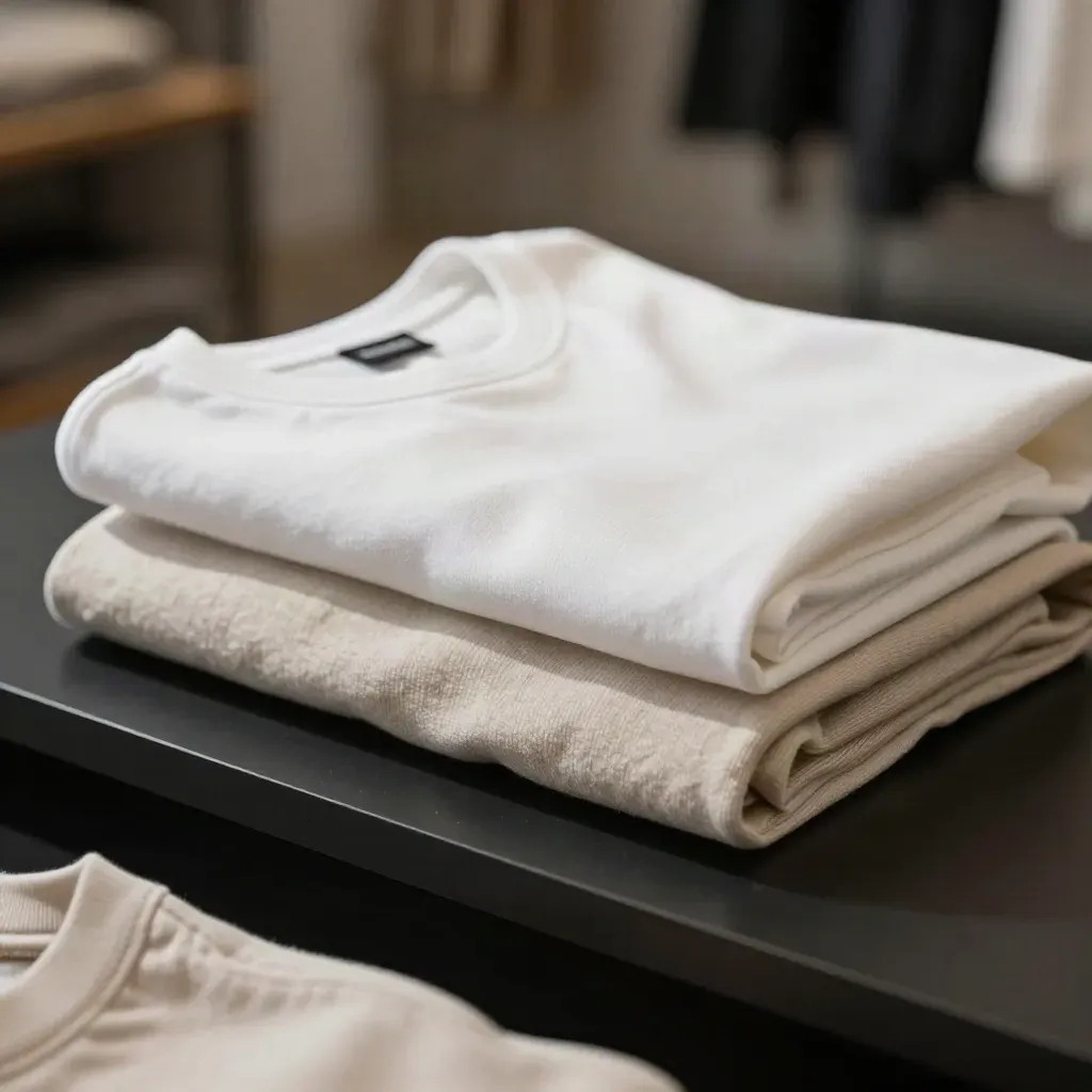 Folded white and stone cotton T-shirts stacked on matte black with dramatic cool studio light.