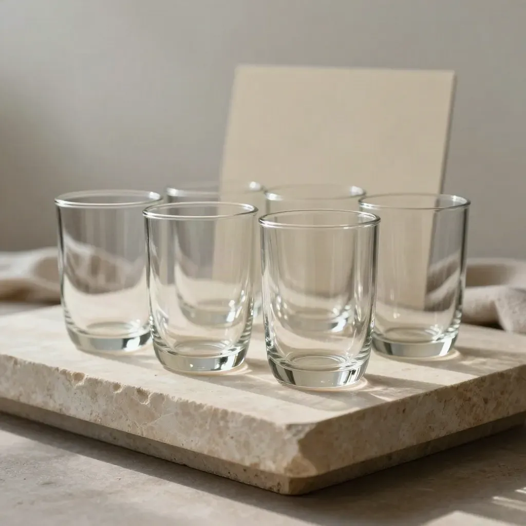 Four clear glass mugs on a pale stone plinth with soft reflections and a blurred cream card.