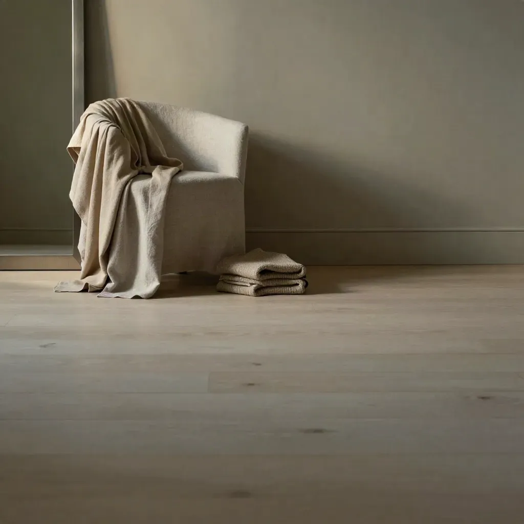 Quiet linen chair corner with draped cotton and a soft mirror edge in warm daylight.